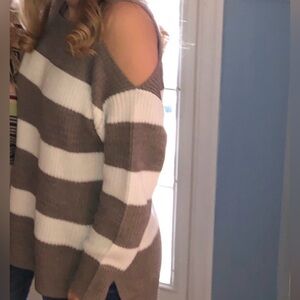 New York & Company Off-the-Shoulder Sweater in Grey and Cream